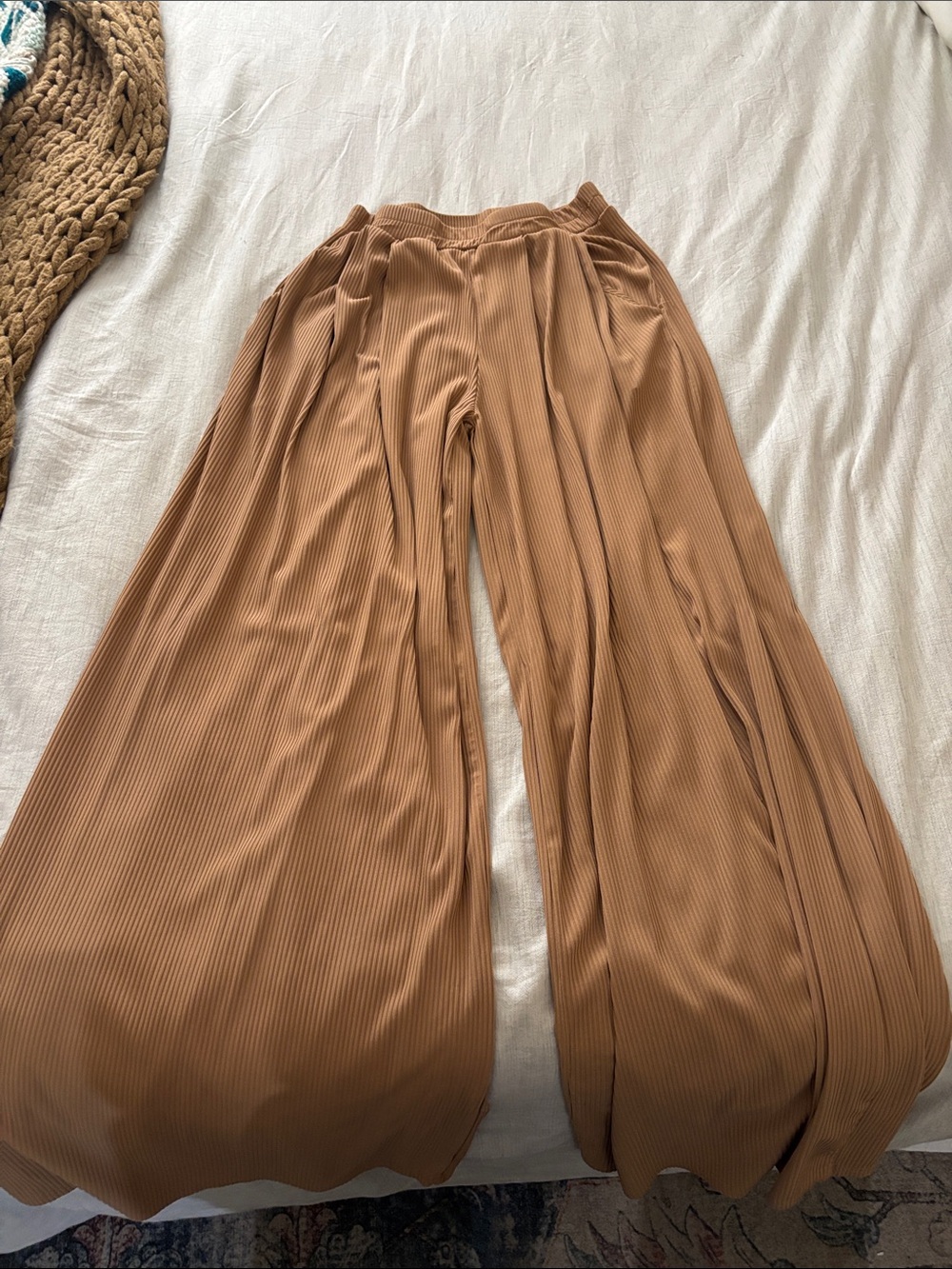 Three Bird Nest Ribbed Wide-Leg Palazzo Pants in Camel Brown